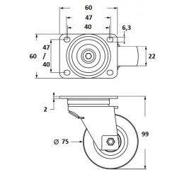 otočné koliesko 75mm šedé K075 otočné koliesko 75mm šedé K075